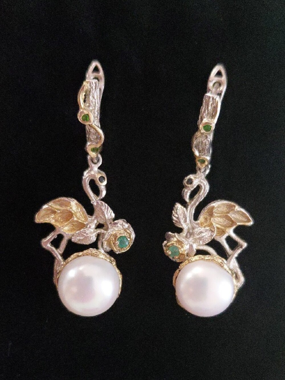 Vintage Elegant Pearl and Gemstone Flamingo Drop Earrings 12.9g